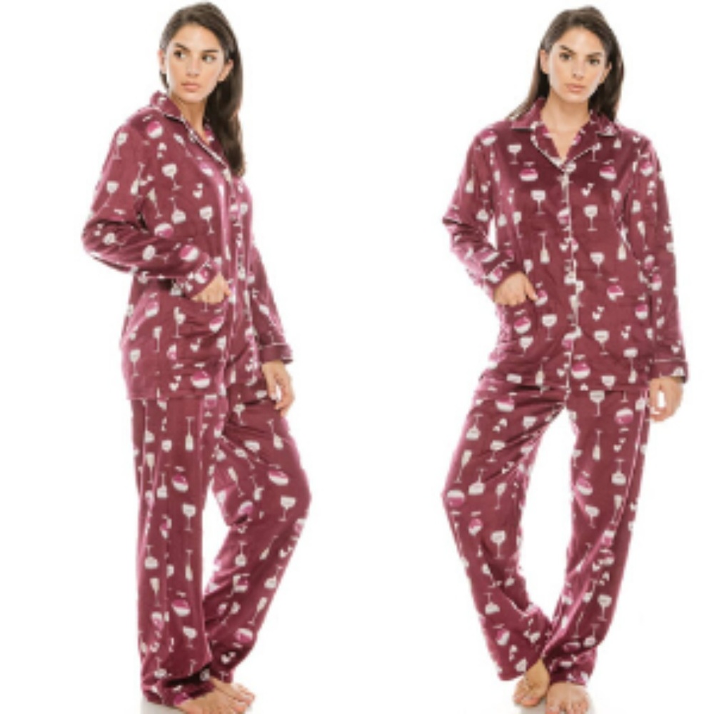 2 Piece Wine Pattern Fleece Pajama Set